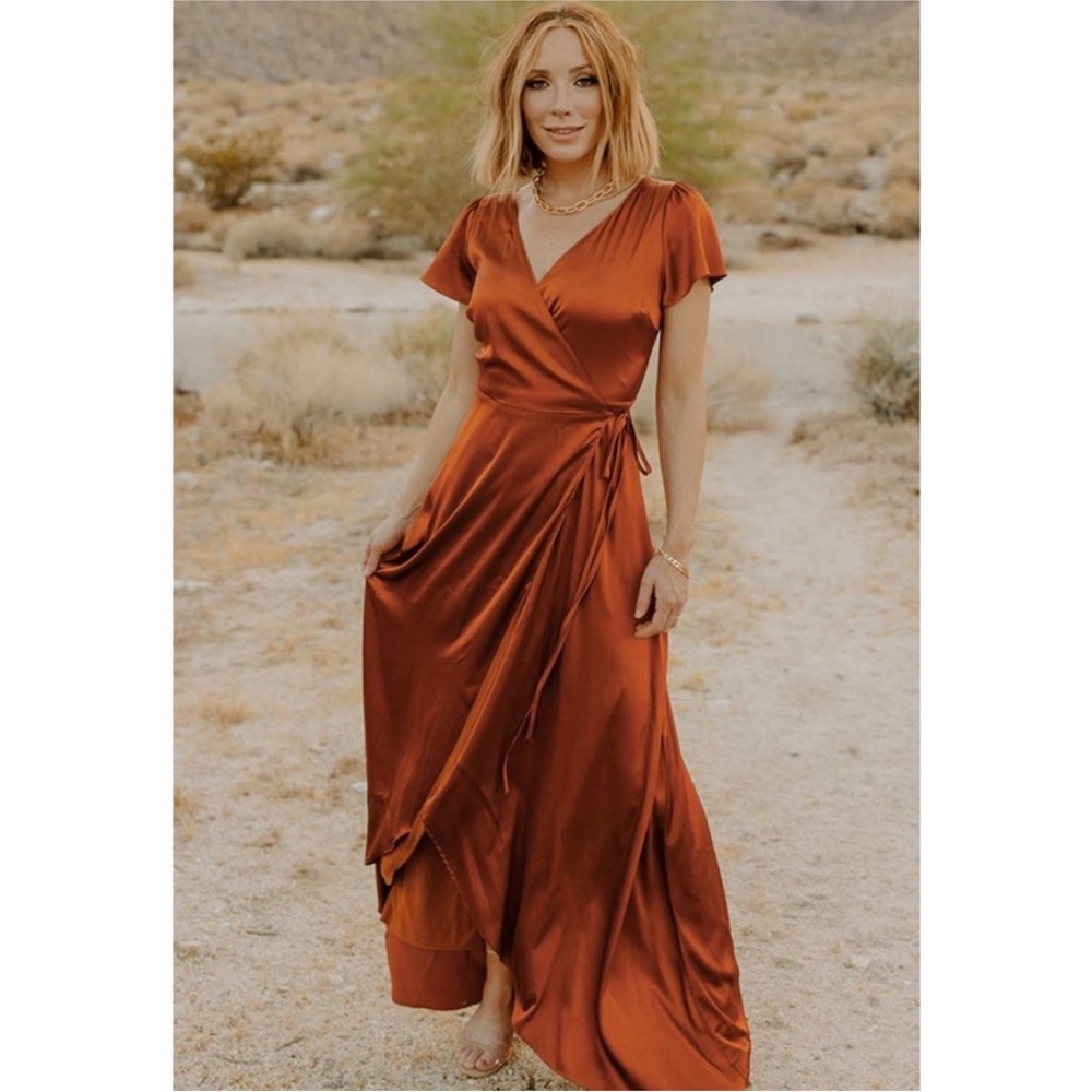 NWOT Baltic Born Krystal Satin Wrap Maxi Dress Terracotta Rust S